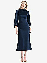 Front View Thumbnail - Midnight Navy High Collar Puff Sleeve Midi Dress - Bronwyn