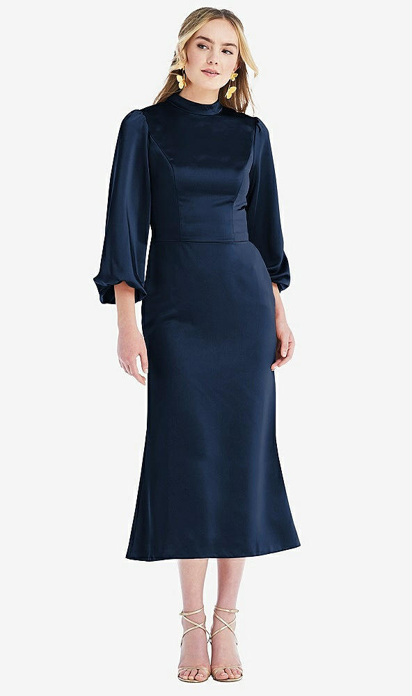 Front View - Midnight Navy High Collar Puff Sleeve Midi Dress - Bronwyn