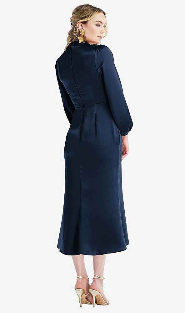 Back View - Midnight Navy High Collar Puff Sleeve Midi Dress - Bronwyn