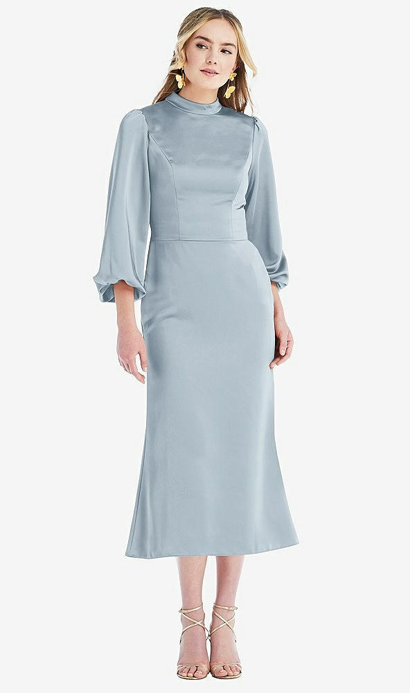 Front View - Mist High Collar Puff Sleeve Midi Dress - Bronwyn