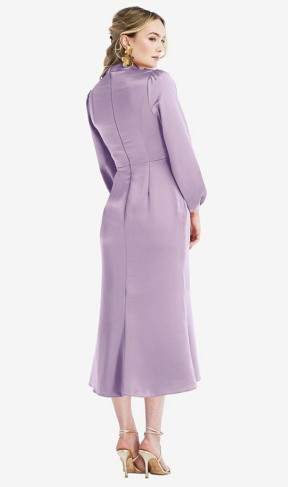 Back View - Pale Purple High Collar Puff Sleeve Midi Dress - Bronwyn