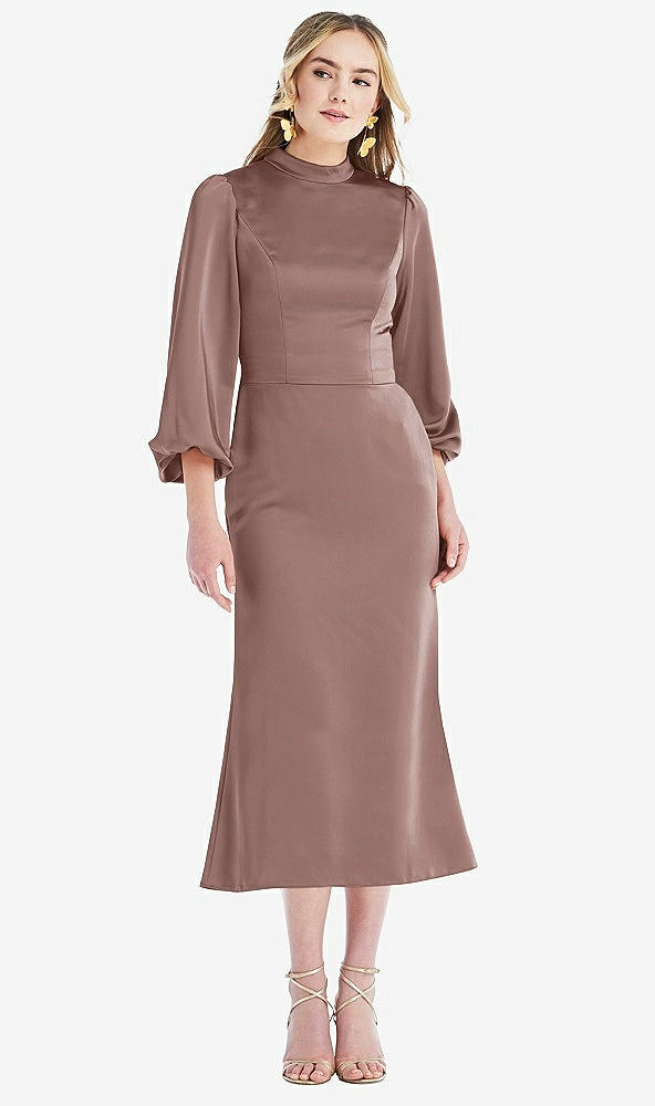 Front View - Sienna High Collar Puff Sleeve Midi Dress - Bronwyn