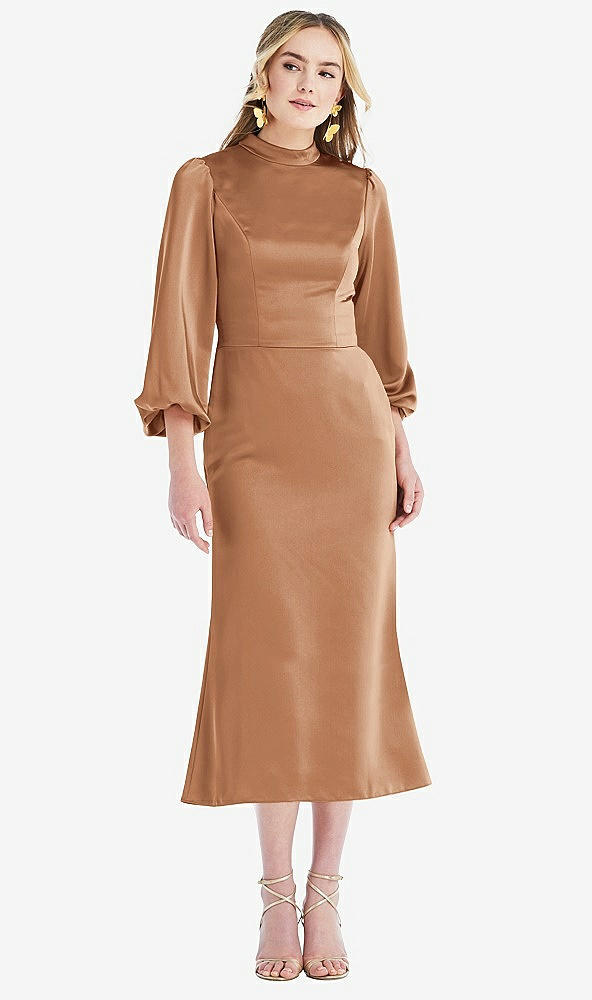 Front View - Toffee High Collar Puff Sleeve Midi Dress - Bronwyn