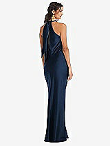 Rear View Thumbnail - Midnight Navy Draped Twist Halter Tie-Back Trumpet Gown