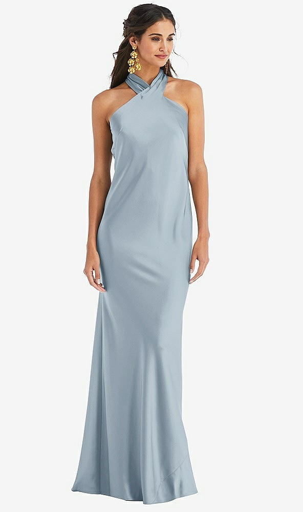 Front View - Mist Draped Twist Halter Tie-Back Trumpet Gown