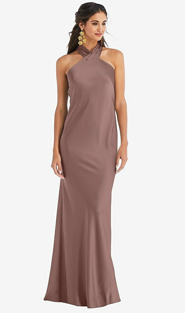 Front View - Sienna Draped Twist Halter Tie-Back Trumpet Gown