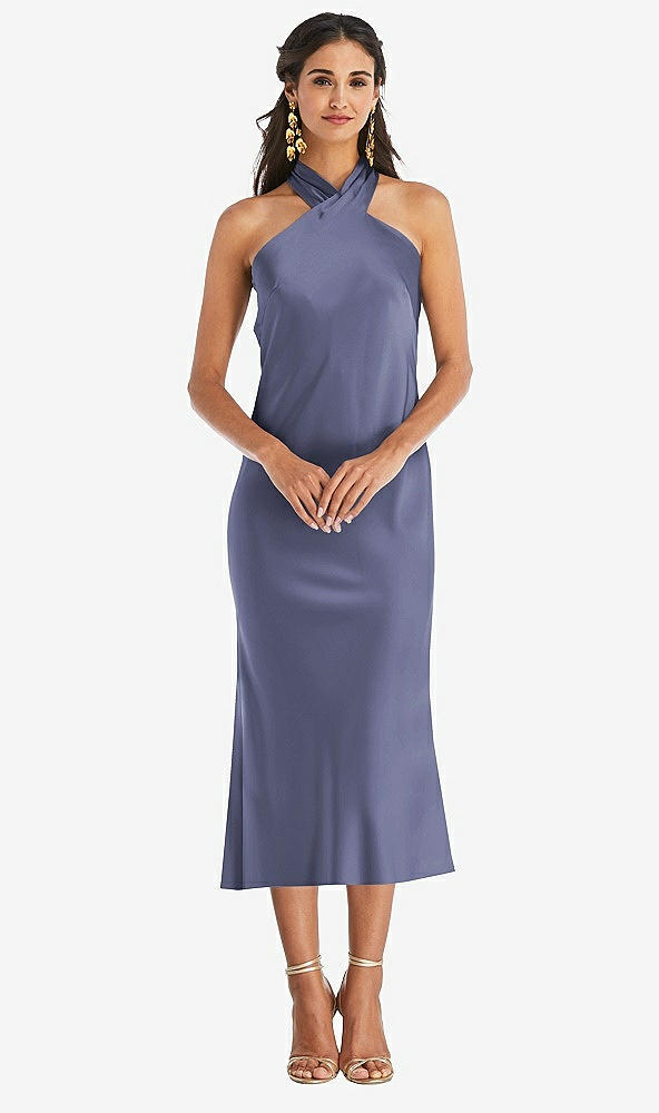 Front View - French Blue Draped Twist Halter Tie-Back Midi Dress - Paloma