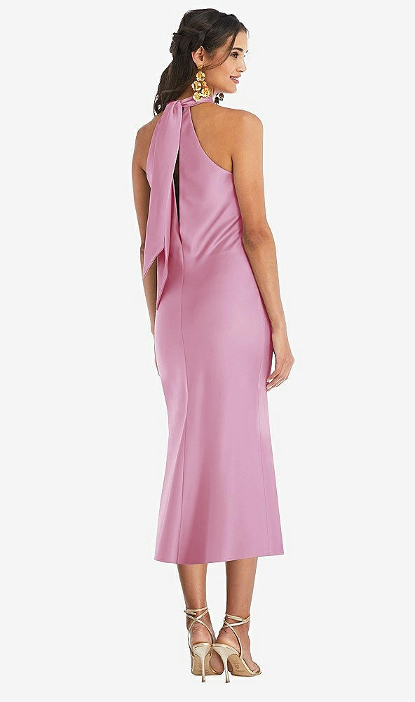 Back View - Powder Pink Draped Twist Halter Tie-Back Midi Dress - Paloma