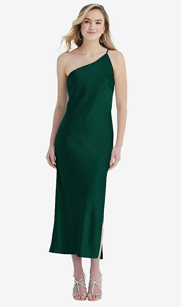 Front View - Hunter Green One-Shoulder Asymmetrical Midi Slip Dress