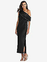 Front View Thumbnail - Black Draped One-Shoulder Convertible Midi Slip Dress