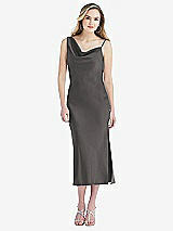 Front View Thumbnail - Caviar Gray Asymmetrical One-Shoulder Cowl Midi Slip Dress