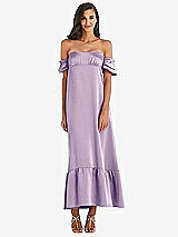 Front View Thumbnail - Pale Purple Ruffled Off-the-Shoulder Tiered Cuff Sleeve Midi Dress