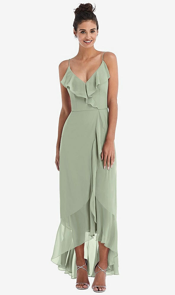 Front View - Sage Ruffle-Trimmed V-Neck High Low Wrap Dress