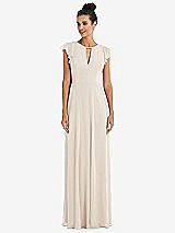 Front View Thumbnail - Oat Flutter Sleeve V-Keyhole Chiffon Maxi Dress