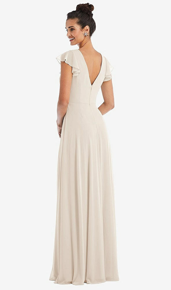 Back View - Oat Flutter Sleeve V-Keyhole Chiffon Maxi Dress