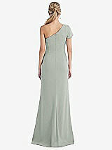 Rear View Thumbnail - Willow Green One-Shoulder Cap Sleeve Trumpet Gown with Front Slit