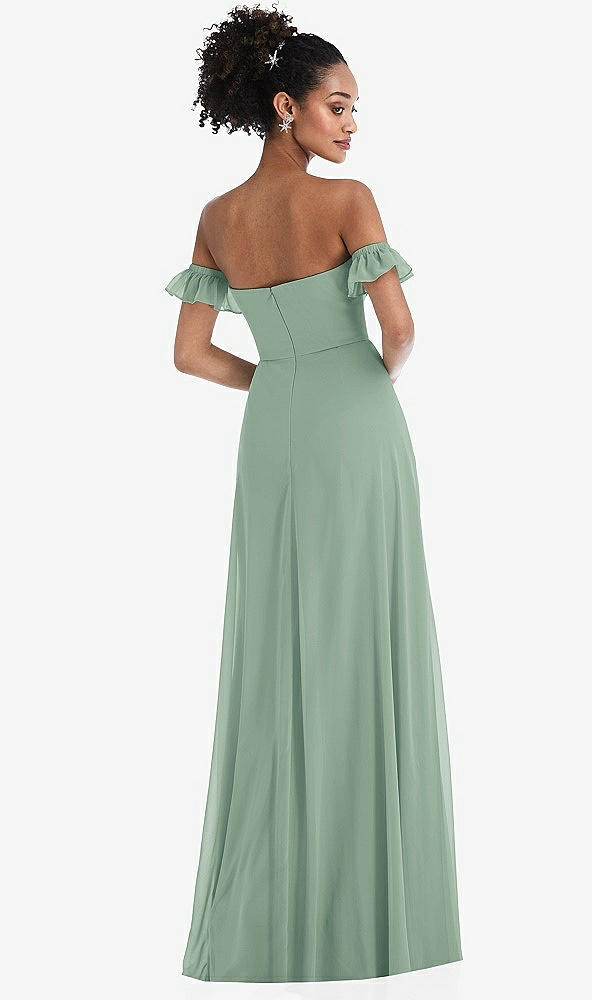 Back View - Seagrass Off-the-Shoulder Ruffle Cuff Sleeve Chiffon Maxi Dress