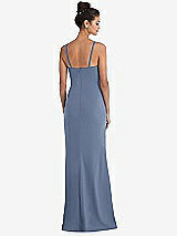 Rear View Thumbnail - Larkspur Blue Notch Crepe Trumpet Gown with Front Slit