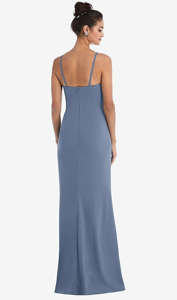 Back View - Larkspur Blue Notch Crepe Trumpet Gown with Front Slit