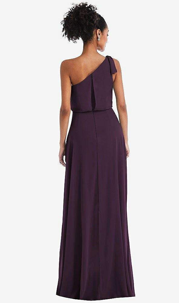 Back View - Aubergine One-Shoulder Bow Blouson Bodice Maxi Dress