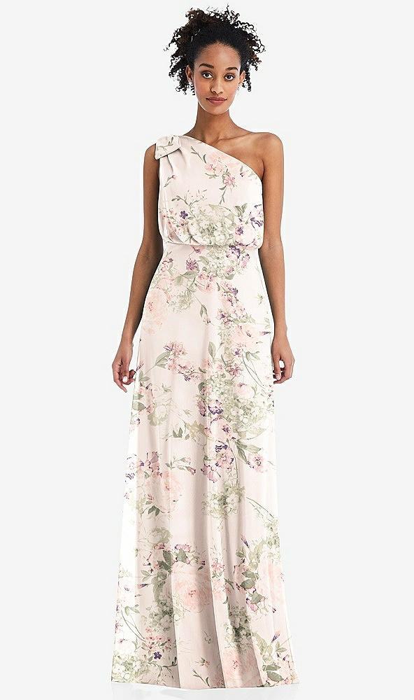 Front View - Blush Garden One-Shoulder Bow Blouson Bodice Maxi Dress