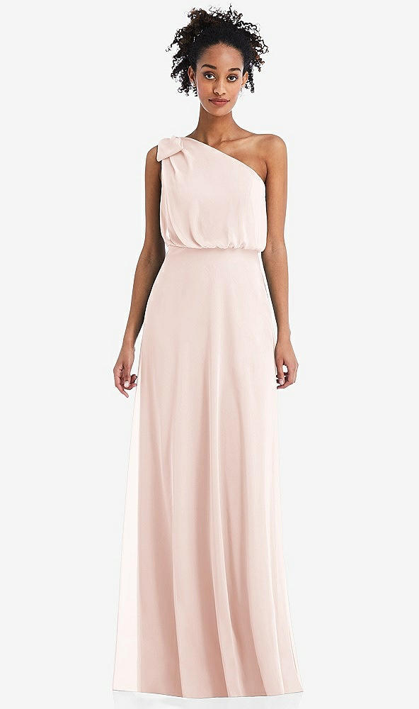 Front View - Blush One-Shoulder Bow Blouson Bodice Maxi Dress