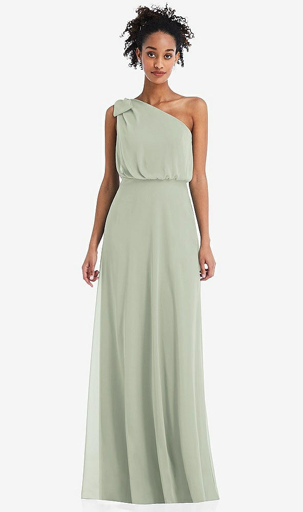 Front View - Celadon One-Shoulder Bow Blouson Bodice Maxi Dress