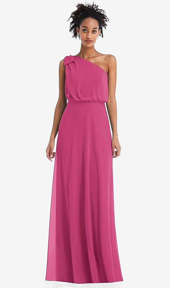 Front View - Tea Rose One-Shoulder Bow Blouson Bodice Maxi Dress