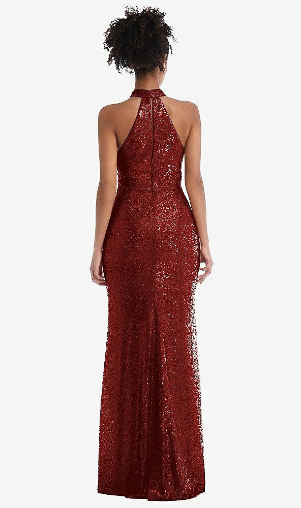 Back View - Burgundy Stand Collar Halter Sequin Trumpet Gown