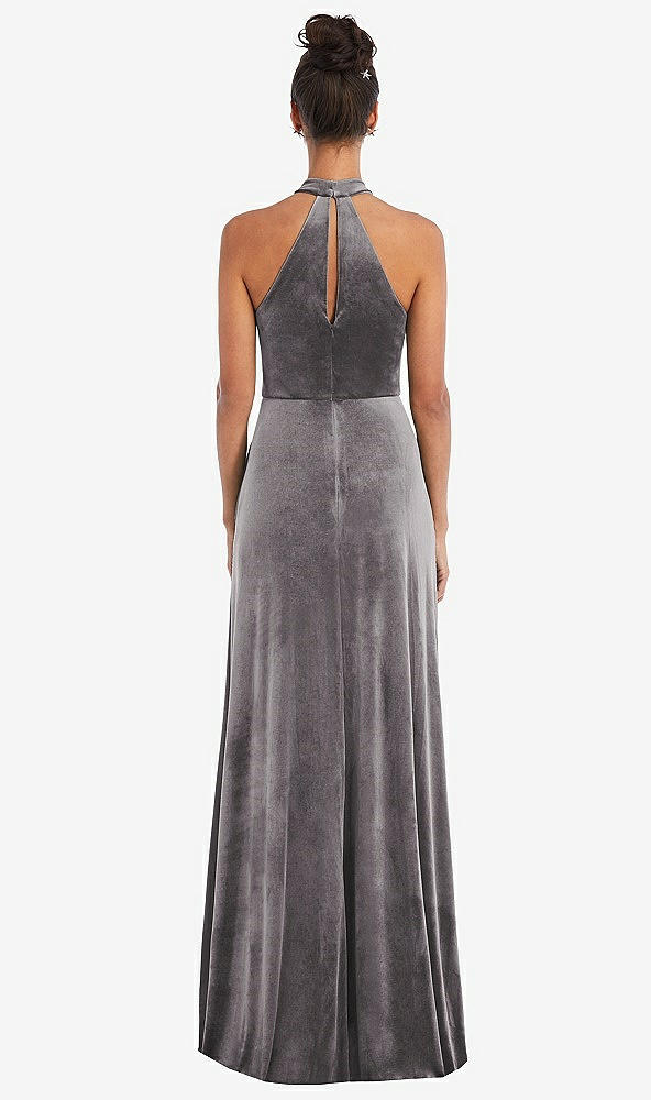 Back View - Caviar Gray High-Neck Halter Velvet Maxi Dress with Front Slit