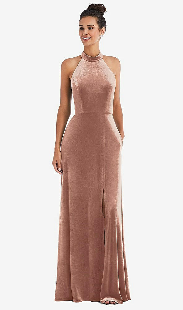 Front View - Tawny Rose High-Neck Halter Velvet Maxi Dress with Front Slit