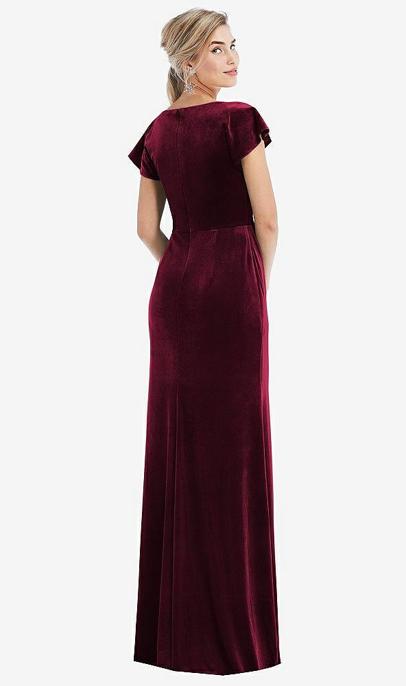 Back View - Cabernet Flutter Sleeve Wrap Bodice Velvet Maxi Dress with Pockets