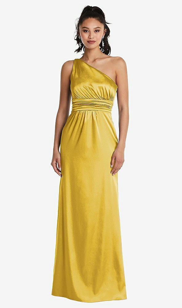 Front View - Marigold One-Shoulder Draped Satin Maxi Dress