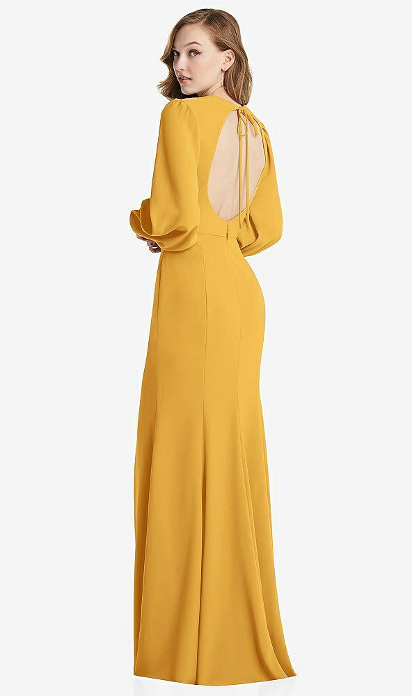 Front View - NYC Yellow Long Puff Sleeve Maxi Dress with Cutout Tie-Back