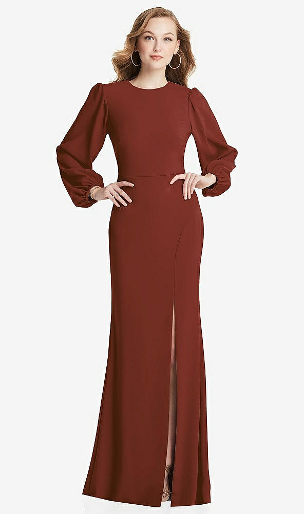 Back View - Auburn Moon Long Puff Sleeve Maxi Dress with Cutout Tie-Back