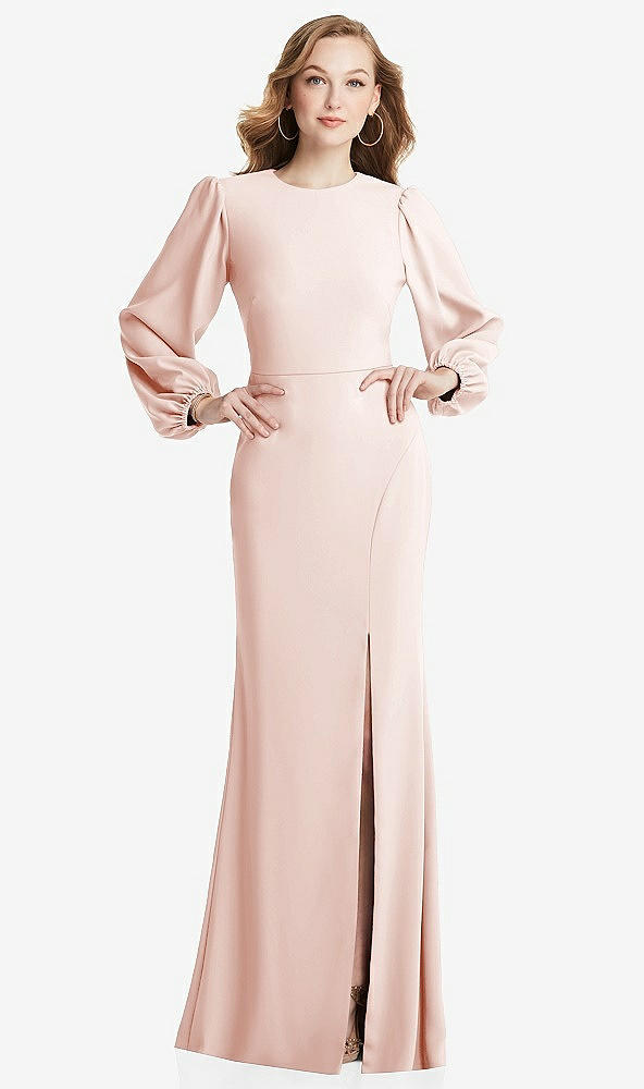 Back View - Blush Long Puff Sleeve Maxi Dress with Cutout Tie-Back