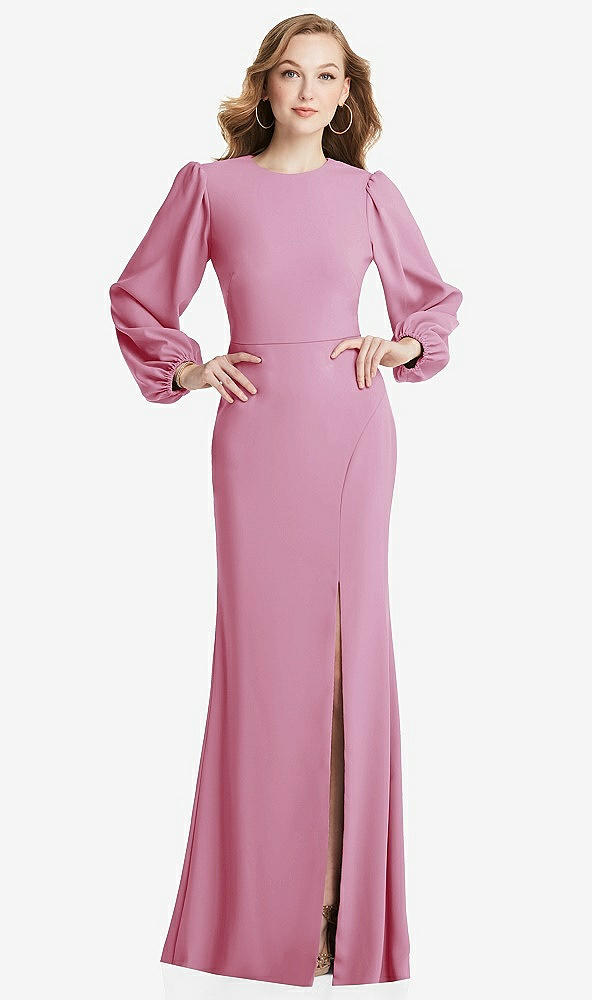 Back View - Powder Pink Long Puff Sleeve Maxi Dress with Cutout Tie-Back