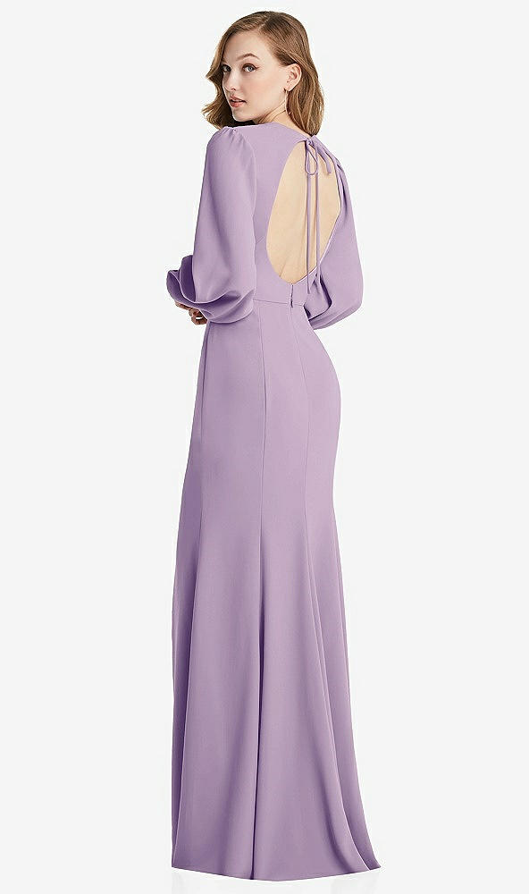 Front View - Pale Purple Long Puff Sleeve Maxi Dress with Cutout Tie-Back