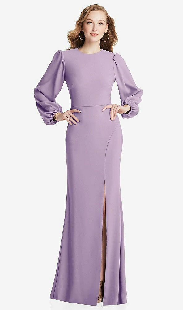 Back View - Pale Purple Long Puff Sleeve Maxi Dress with Cutout Tie-Back