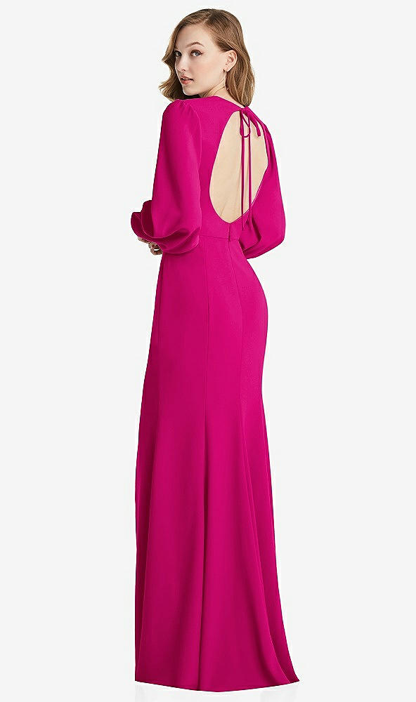 Front View - Think Pink Long Puff Sleeve Maxi Dress with Cutout Tie-Back