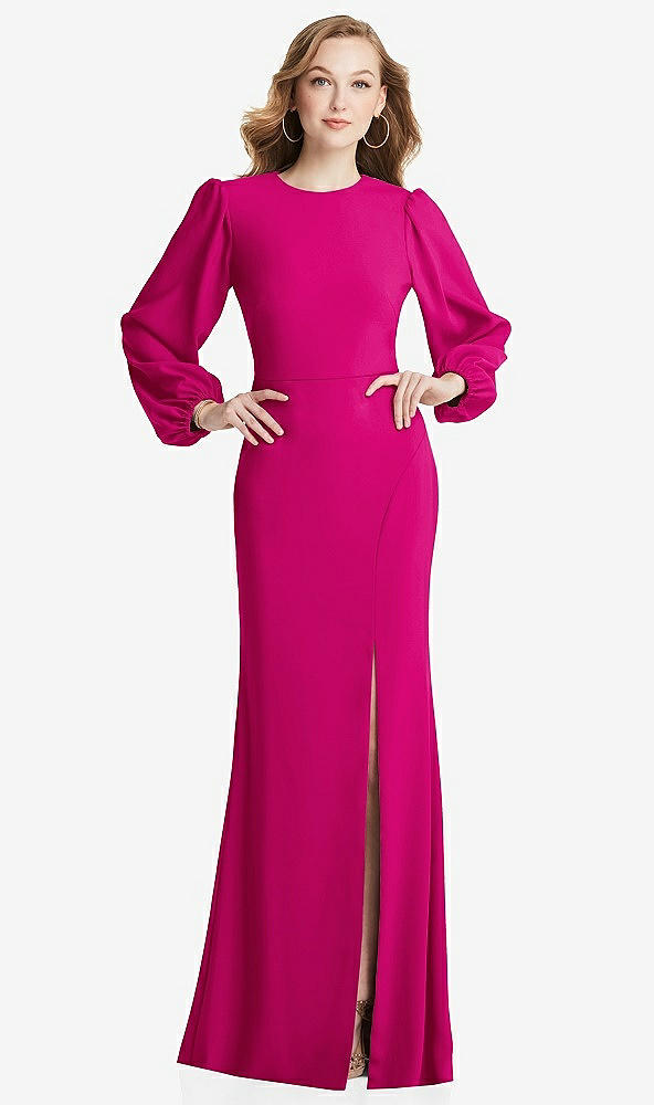 Back View - Think Pink Long Puff Sleeve Maxi Dress with Cutout Tie-Back