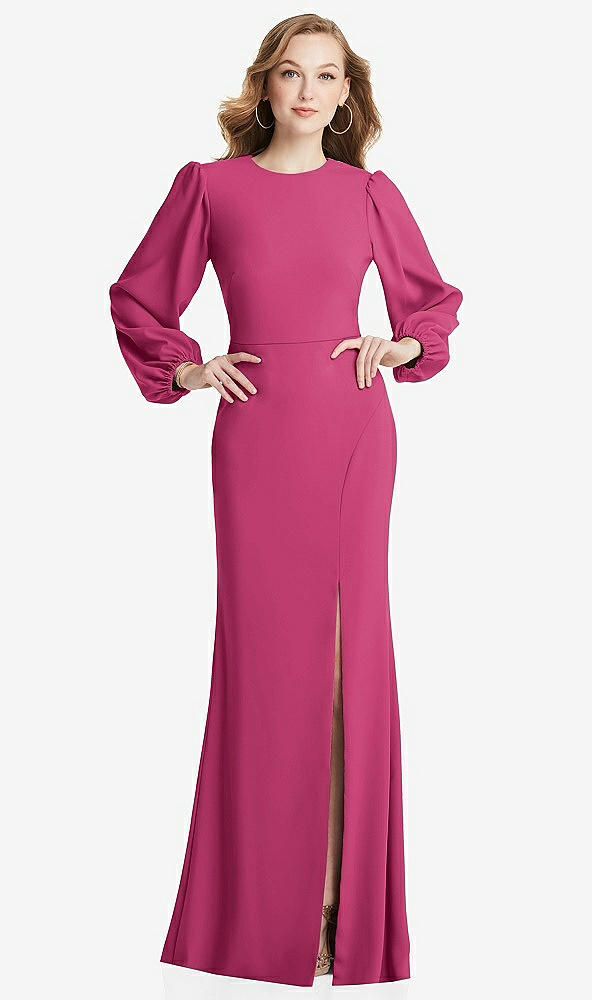 Back View - Tea Rose Long Puff Sleeve Maxi Dress with Cutout Tie-Back