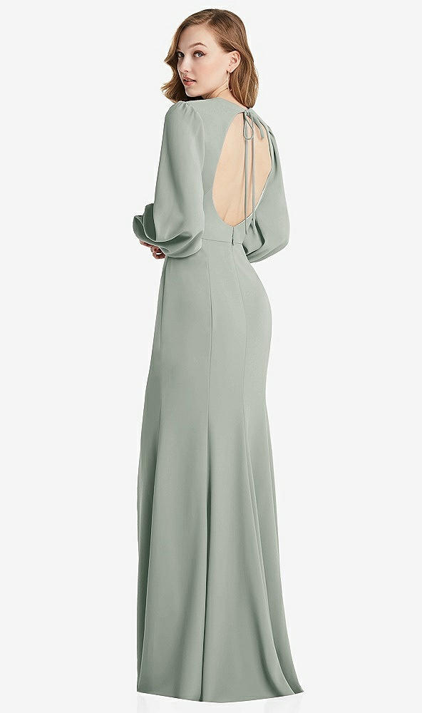 Front View - Willow Green Long Puff Sleeve Maxi Dress with Cutout Tie-Back