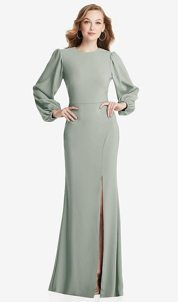 Back View - Willow Green Long Puff Sleeve Maxi Dress with Cutout Tie-Back