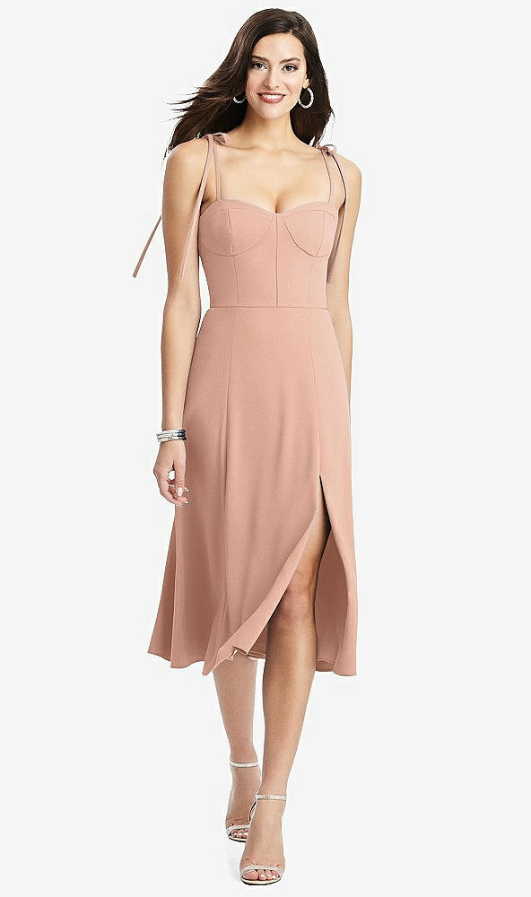 Front View - Pale Peach Bustier Crepe Midi Dress with Adjustable Bow Straps