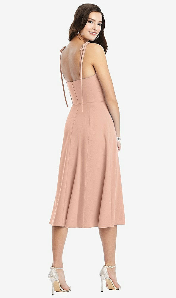 Back View - Pale Peach Bustier Crepe Midi Dress with Adjustable Bow Straps