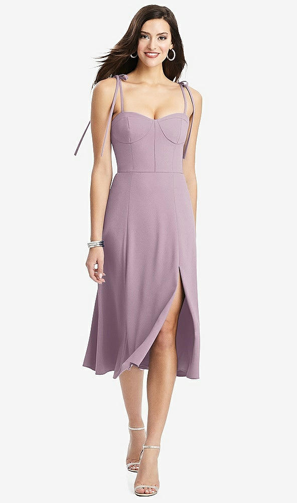 Front View - Suede Rose Bustier Crepe Midi Dress with Adjustable Bow Straps