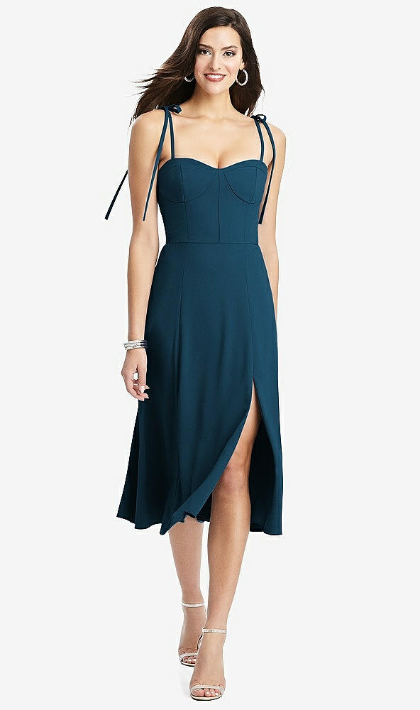 Front View - Atlantic Blue Bustier Crepe Midi Dress with Adjustable Bow Straps