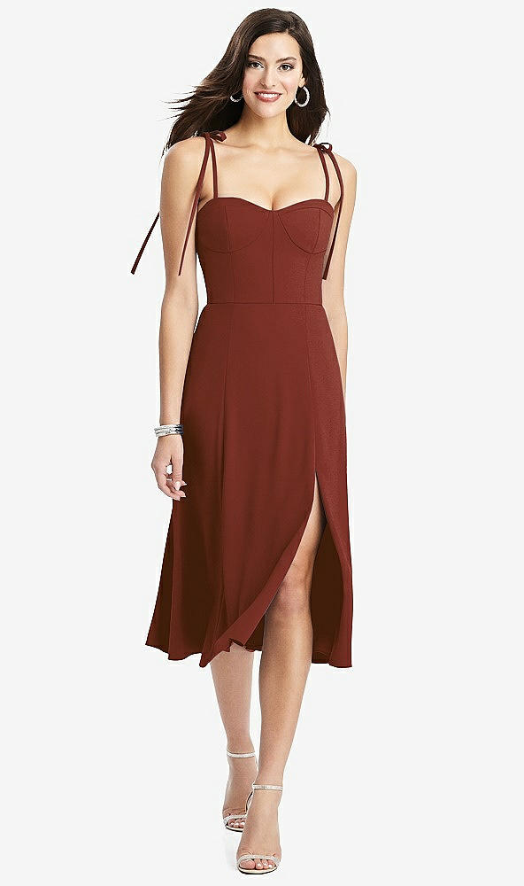 Front View - Auburn Moon Bustier Crepe Midi Dress with Adjustable Bow Straps