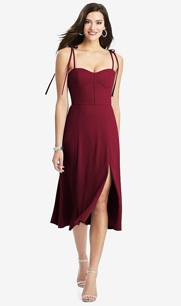 Front View - Burgundy Bustier Crepe Midi Dress with Adjustable Bow Straps